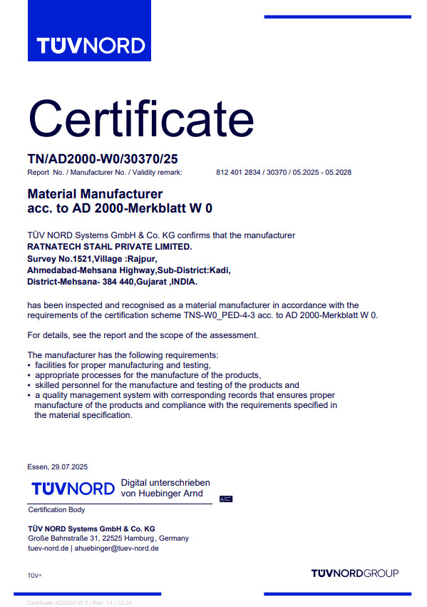 AD 2000-Merkblatt W0 Material Manufacturer certificate